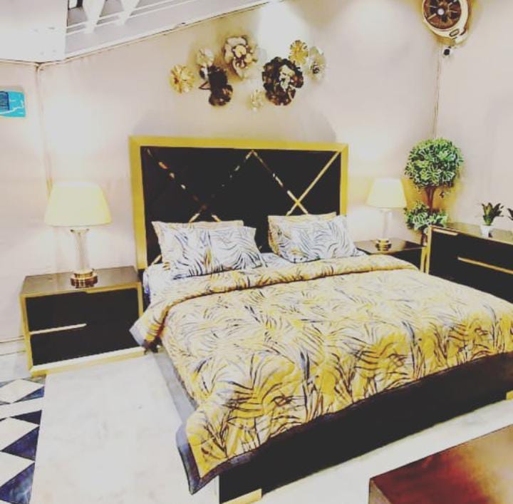 Black Head Board Bed with Night stands