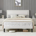 White Upholstered Panel Headboard Bed with Nail head Trim
